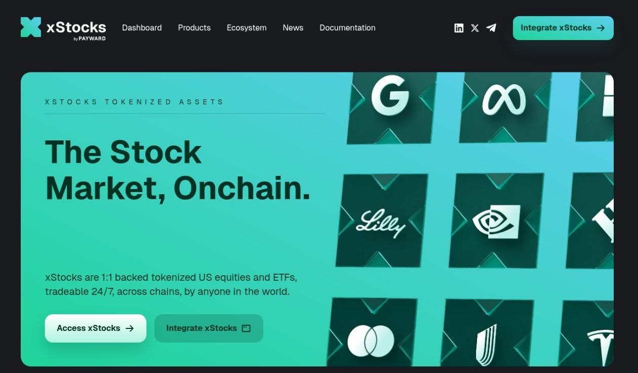 xStocks 官方网站以青绿色首屏展示代币化股票与 ETF 产品及公司标志。
