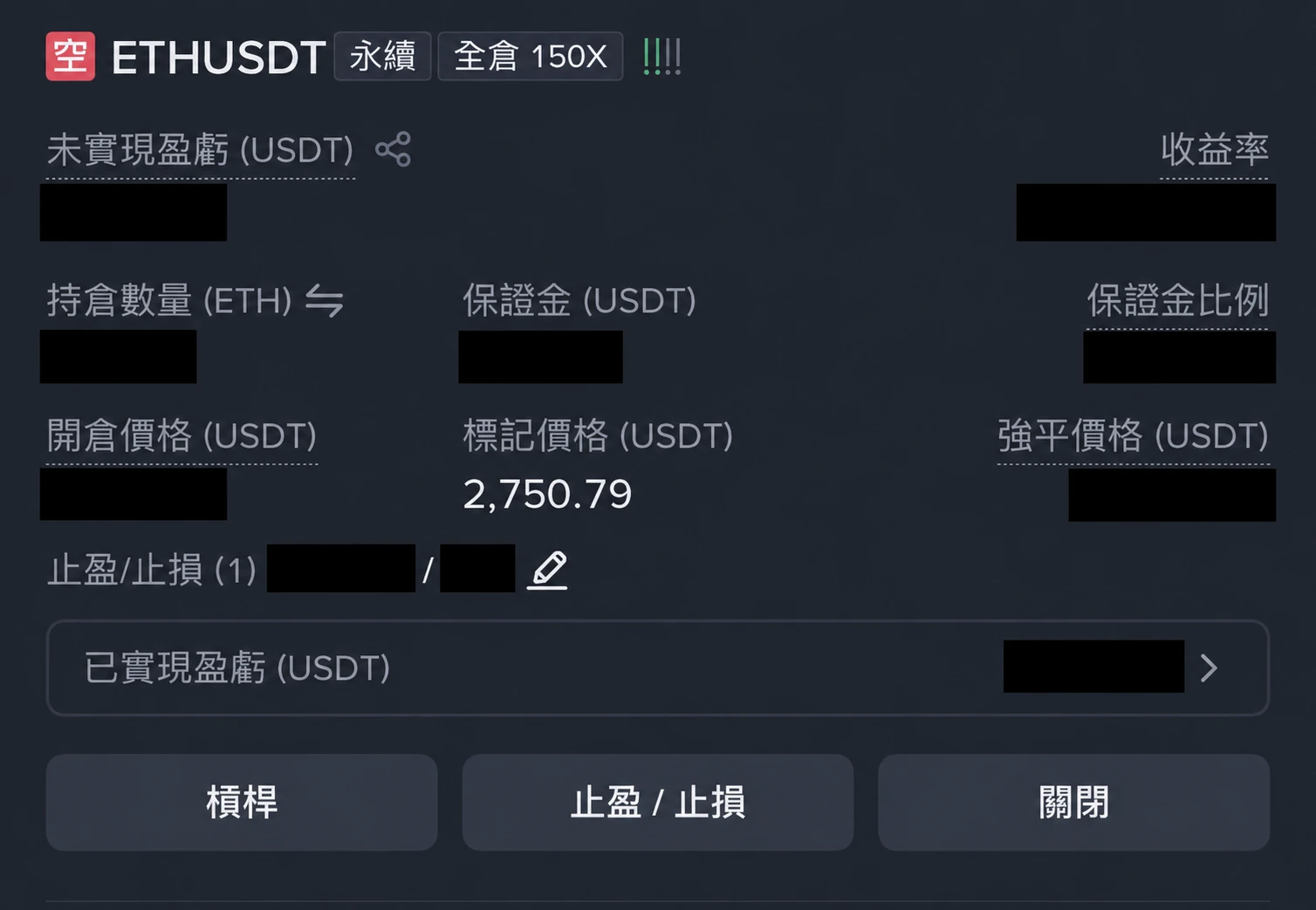 图二：币安持仓详情，数量、保证金、盈亏及个人交易价格等已遮挡